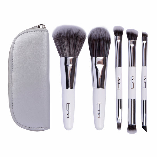 Brush Master Travel Makeup Brushes Set w/Pouch, 5PCS Double Ended Portable Mini Cosmetic Brushes Kit for Foundation, Eyeshadow, Lip, Blush Make Up Brushes Professional(White)